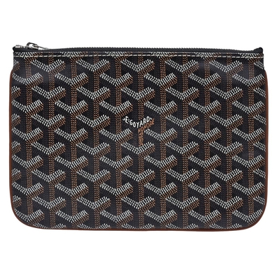 GOYARD 經典Senat Pouch PM系列塗層帆布LOGO牛皮飾邊萬用拉鍊拉鍊手拿包(棕)