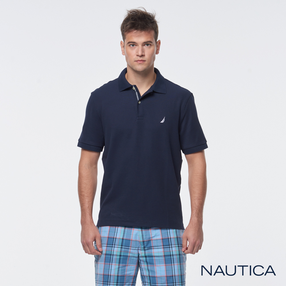 Nautica 簡約素色吸濕快乾短袖POLO衫-深藍色