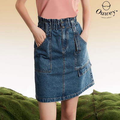 OUWEY歐薇 玩美造型大口袋高腰荷葉水洗牛仔裙(藍色；S-L)3232088214