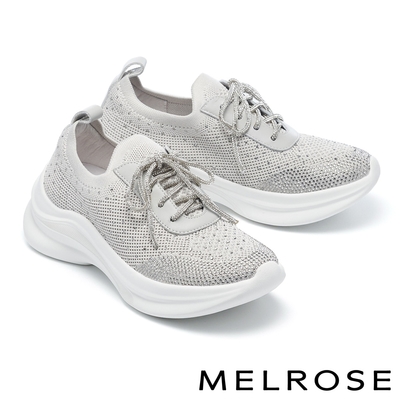 休閒鞋 MELROSE 美樂斯 時髦晶鑽飛織布綁帶厚底休閒鞋－灰