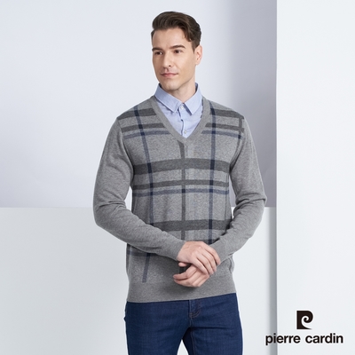Pierre Cardin皮爾卡登 男款 羊毛混紡格紋襯衫領假兩件針織毛衣-灰色(5225473-95)