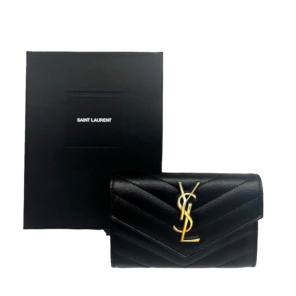 YSL Saint Laurent金屬LOGO牛皮V字車線名片零錢包(黑金)