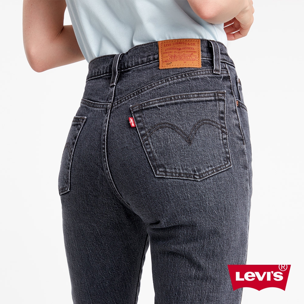 Levis 女款 Crop高腰排釦合身直筒牛仔長褲 黑灰基本款 彈性布料