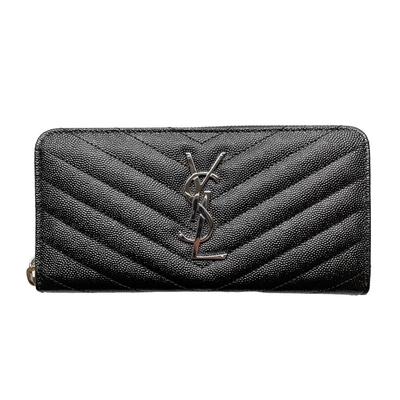 SAINT LAURENT YSL Monogram 魚子醬 牛皮 銀logo 拉鍊式 皮夾 長夾 黑色