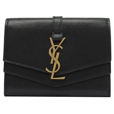 YSL Saint Laurent Suplice 金屬LOGO小牛皮釦式卡片零錢包(黑)