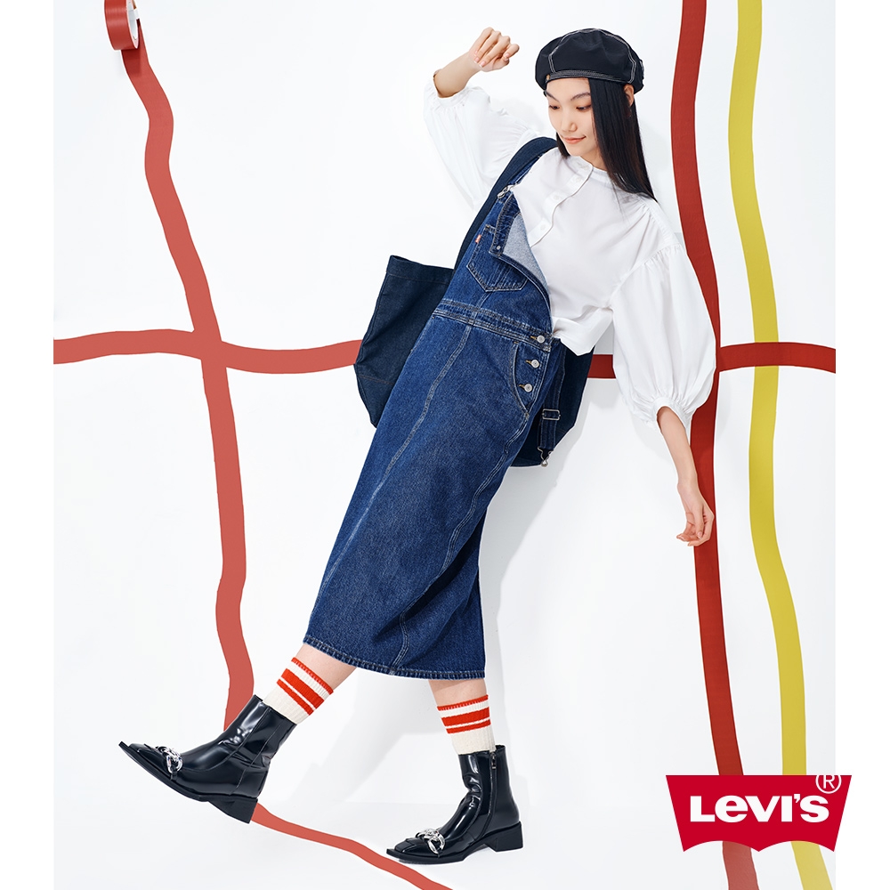 Levis 女款 工裝吊帶牛仔洋裝 / 精工深藍染石洗 / 寒麻纖維 / 鈕扣穿脫