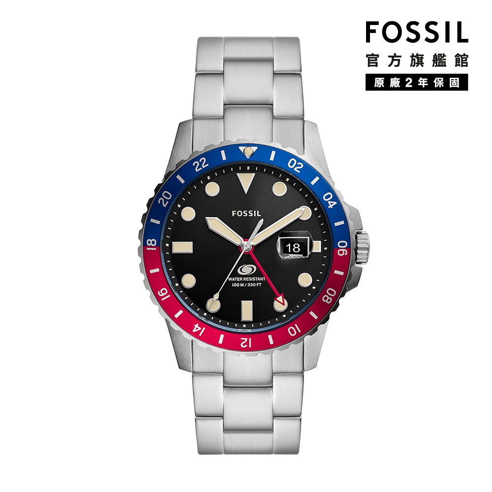 【FOSSIL】Blue 撞色搶眼潛水手錶 銀色不鏽鋼鍊帶 42MM LE1156