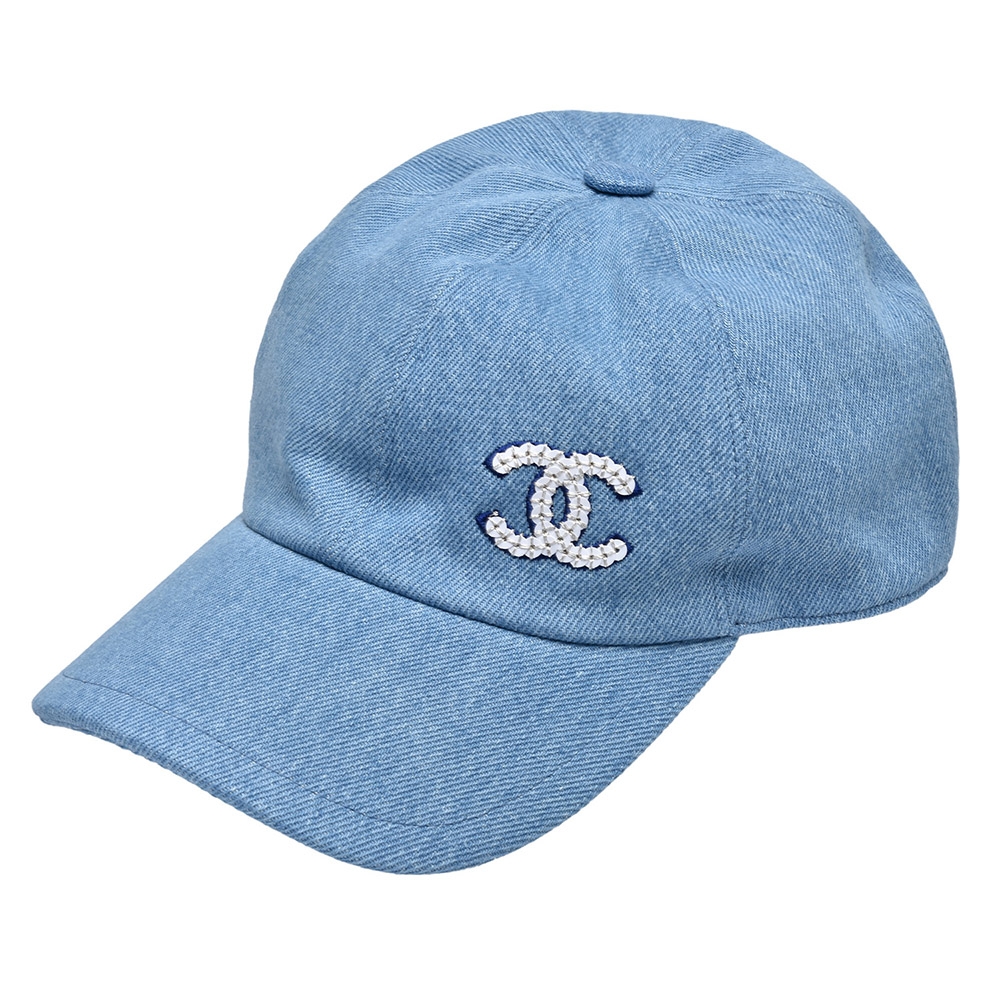 CHANEL 經典亮片品牌LOGO標誌牛仔棒球帽(牛仔藍)