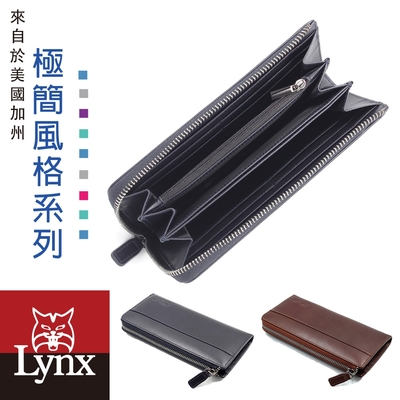 【Lynx】美國山貓極簡風進口牛皮L型長夾 8卡/三鈔位/拉鏈袋 皮夾錢包 深藍/咖啡