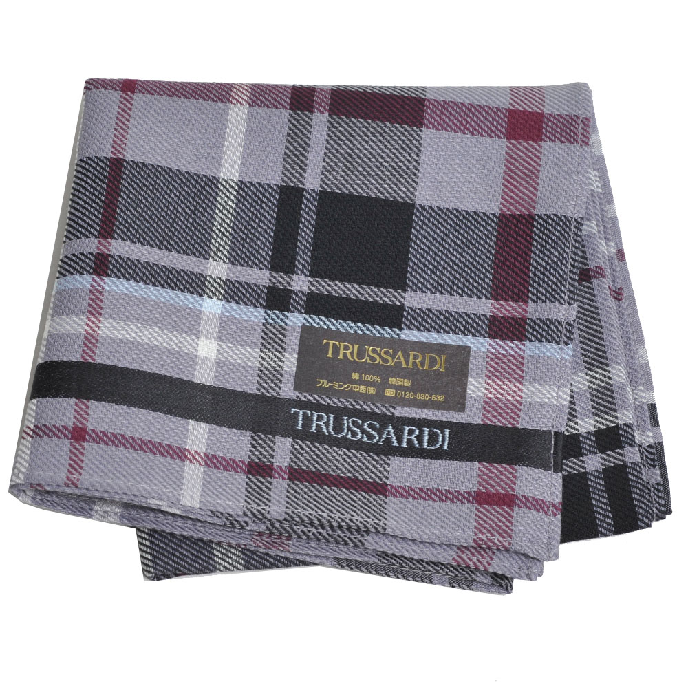 TRUSSARDI 貴族犬正方格字母LOGO帕領巾(灰格)