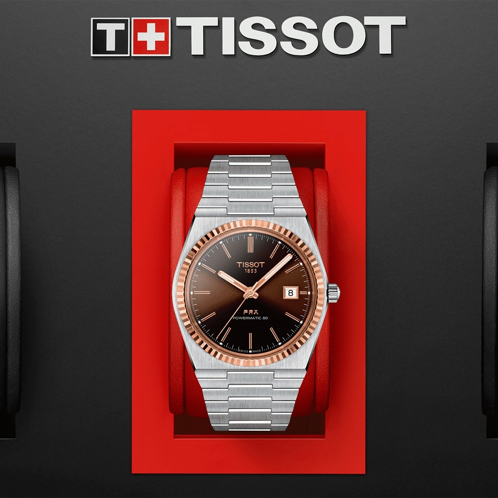 TISSOT 天梭 官方授權 PRX系列 18K金 70年代復刻機械錶-咖啡/40mm T9314074129100