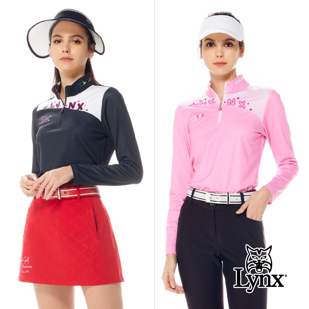 【Lynx Golf】女款合身版內刷毛半身剪裁印花立領配布設計長袖立領POLO衫/高爾夫球衫(二色)