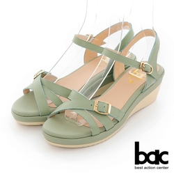 【bac】簡約交叉皮帶環楔型涼鞋-粉綠