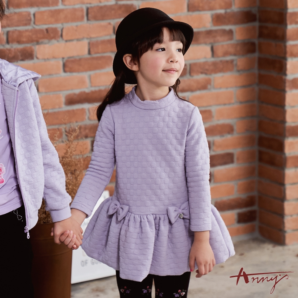 Annys安妮公主-圓點壓紋雙蝴蝶結秋冬款長袖傘擺洋裝*9626紫色