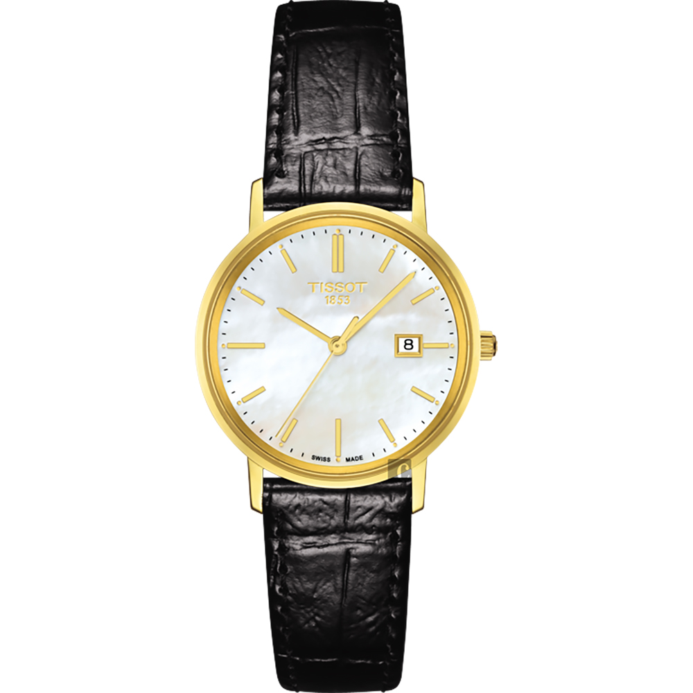 TISSOT 天梭 官方授權 18K金 Goldrun 石英錶-珍珠貝x黑/29mm T9222101611100