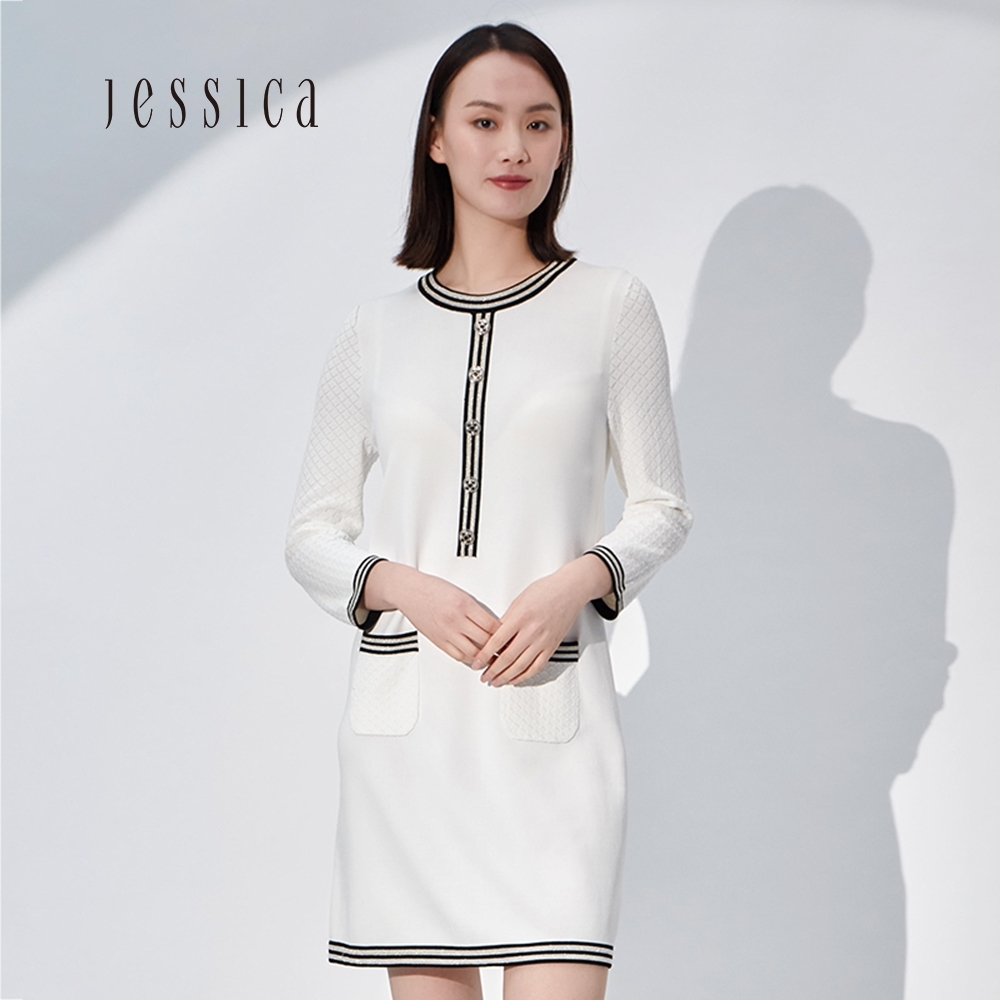 JESSICA-白色經典撞色鑲邊針織連衣裙