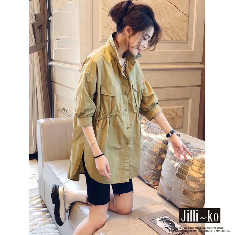 JILLI-KO 設計感小眾中長款收腰寬鬆工裝立領襯衫- 卡其/白