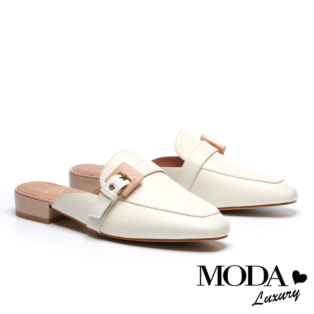 拖鞋 MODA Luxury 復古潮流跳色飾釦繫帶羊皮穆勒低跟拖鞋－白