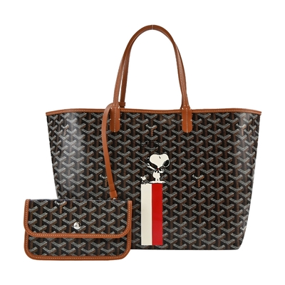 GOYARD SNOOPY 聯名款條紋塗料帆布LOGO子母購物包-小/黑棕/白紅