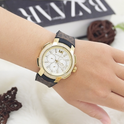 MICHAEL KORS 經典MK三眼矽膠錶帶手錶 42mm (深咖/金)