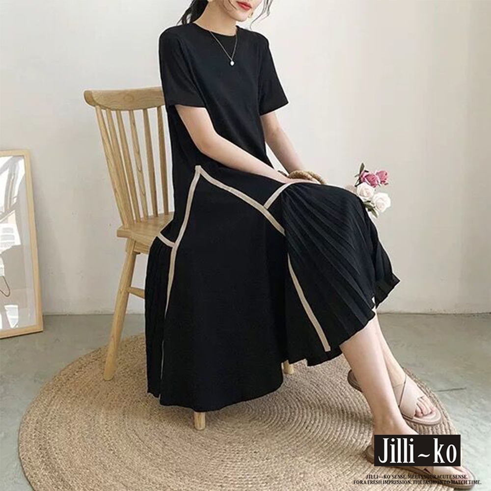 JILLI-KO 不規則織帶壓褶拼接連衣裙- 黑色