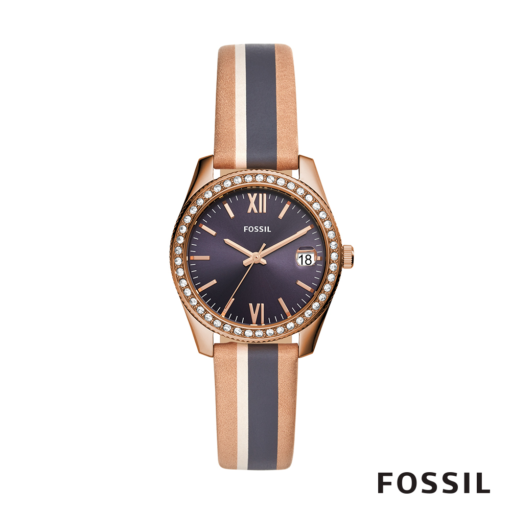 FOSSIL SCARLETTE MINI 米x藍x駝色復古條紋鑲鑽皮革女錶 32mm ES4594