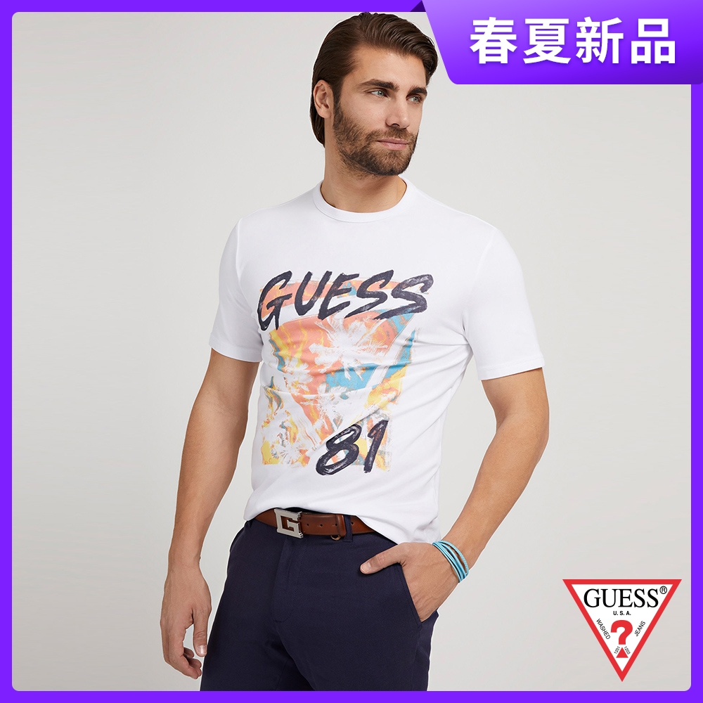 GUESS-男裝-1981系列棕梠LOGO短T-白 原價1290