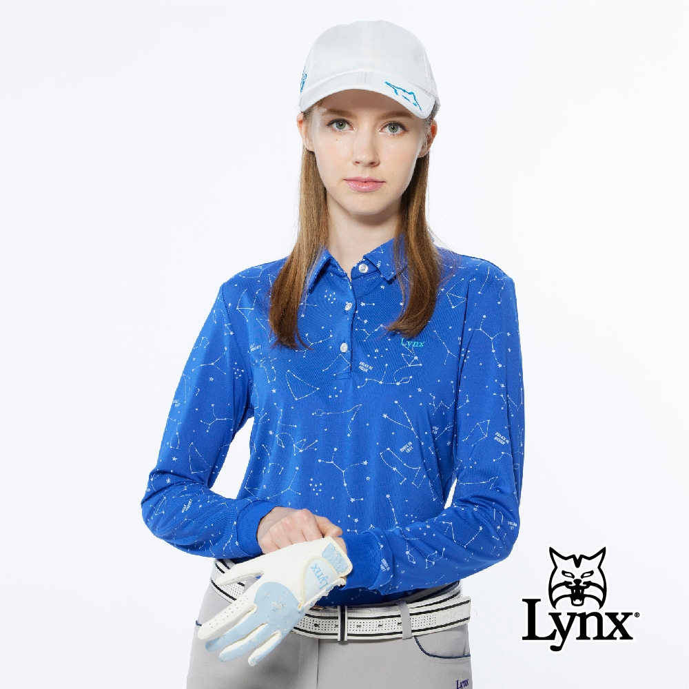 【Lynx Golf】女款吸溼排汗夜空星座設計感印花長袖POLO衫/高爾夫球衫-藍色