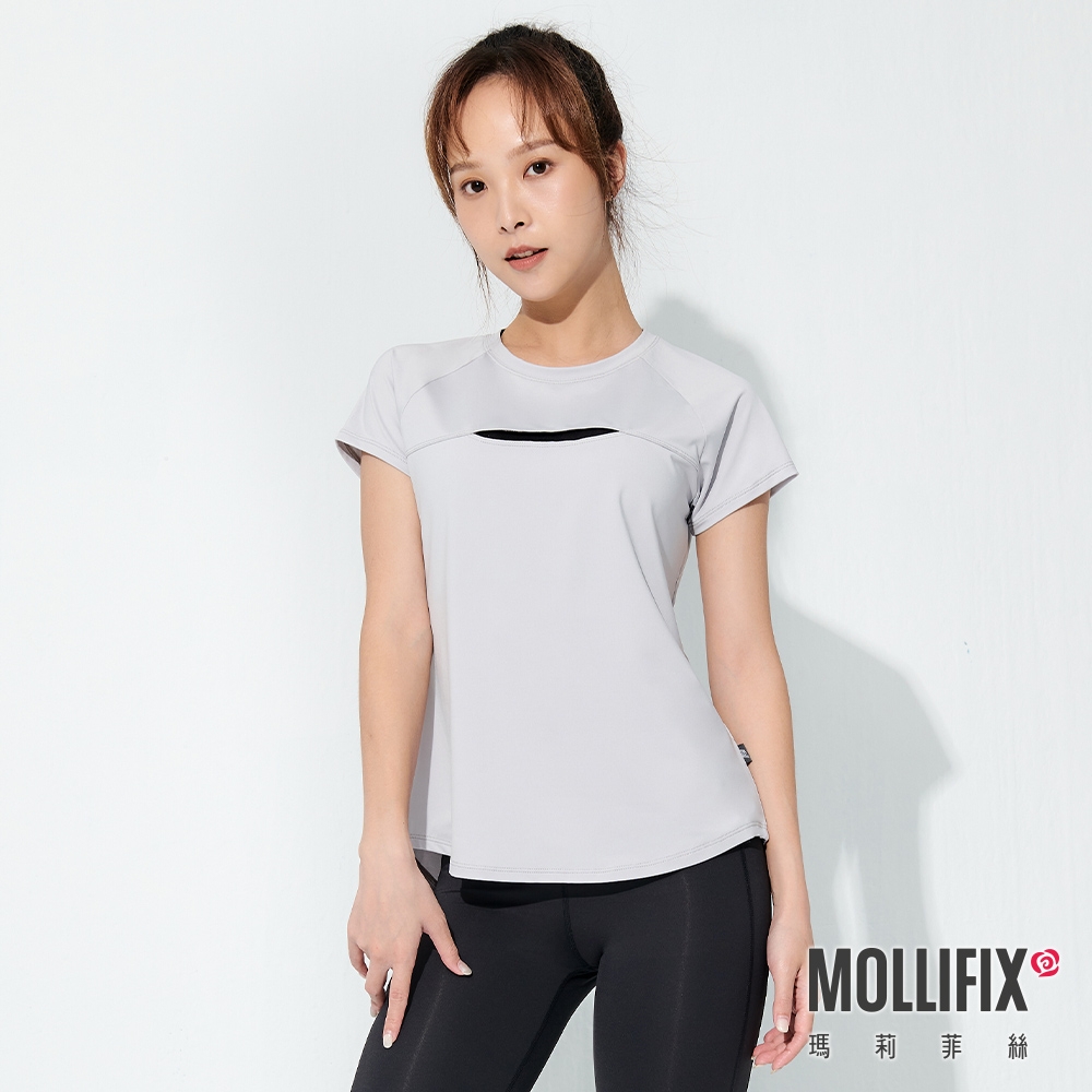 Mollifix 瑪莉菲絲 TRULY涼感後開岔短袖上衣 (百搭灰) 暢貨出清、瑜珈服、背心、T恤