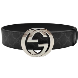 【GUCCI 古馳】411924 經典雙G金屬銀釦防水帆布皮革腰帶/皮帶(黑灰色)