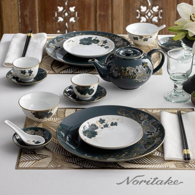 【NORITAKE】可微波金邊白瓷-綺麗之境 復古深綠餐瓷盤、麵碗、飯碗+湯匙任選組(新品登場)