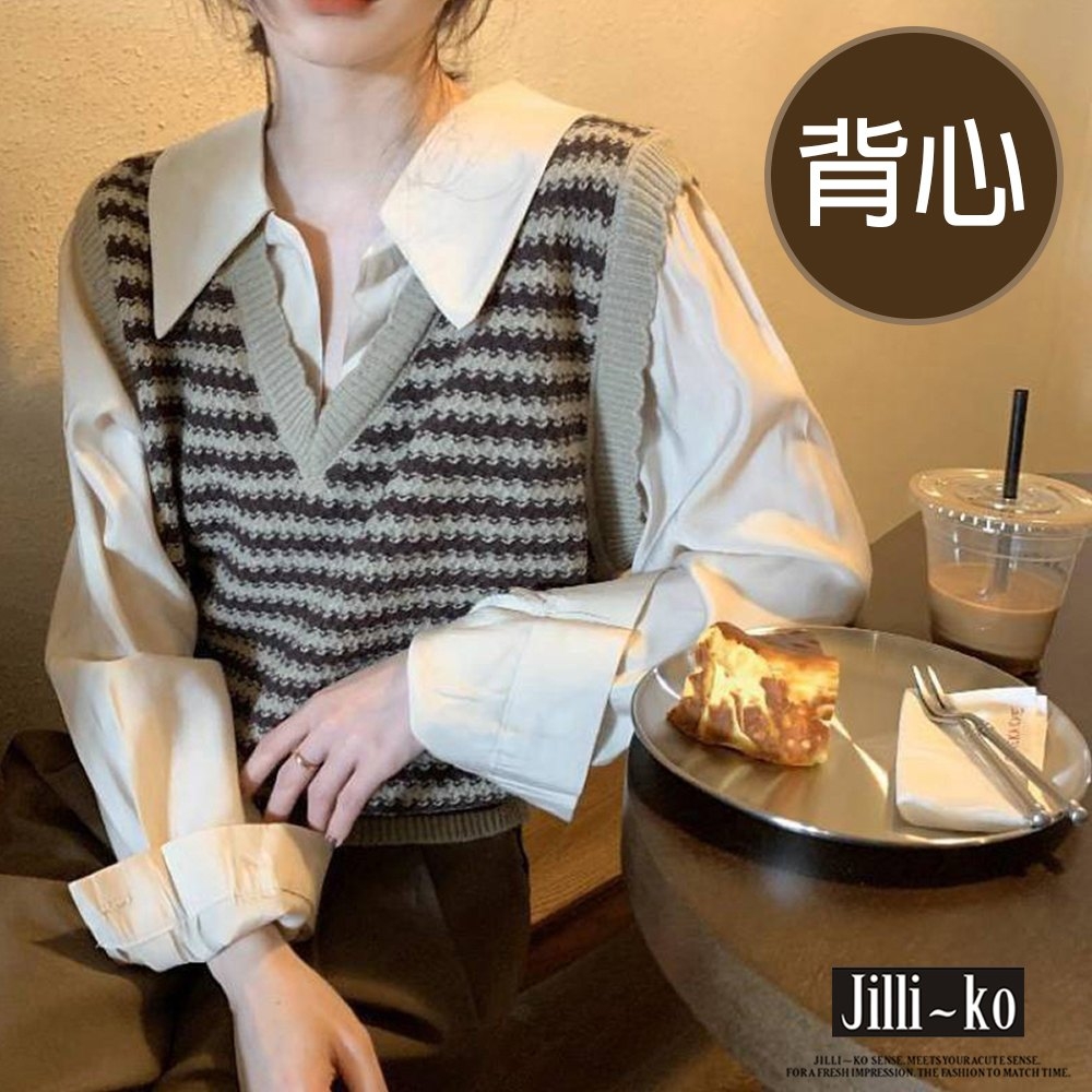 JILLI-KO 條紋針織馬甲背心- 咖啡