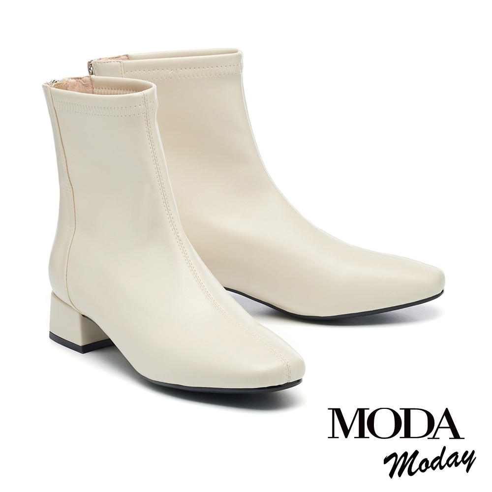 短靴  MODA MODAY 極簡柔美彈力純色方頭Q底低跟短靴－白