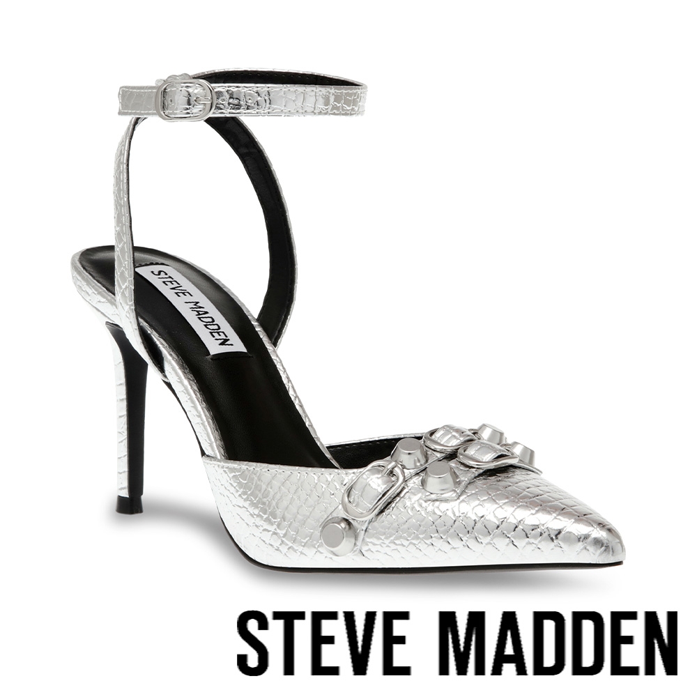 STEVE MADDEN-RETRIEVER 鉚釘尖頭繞踝高跟涼鞋-銀色