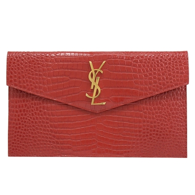 YSL Saint Laurent UPTOWN 金屬LOGO鱷魚壓紋小牛皮翻蓋磁釦大手拿包(紅)