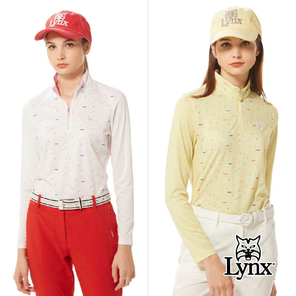 【Lynx Golf】女款吸汗速乾水波紋組織緹花復古玩味印花脇邊剪裁設計長袖立領POLO衫/高爾夫球衫(二色)