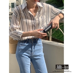 JILLI-KO 韓版新款簡約條紋長袖寬鬆顯瘦襯衫- 白色