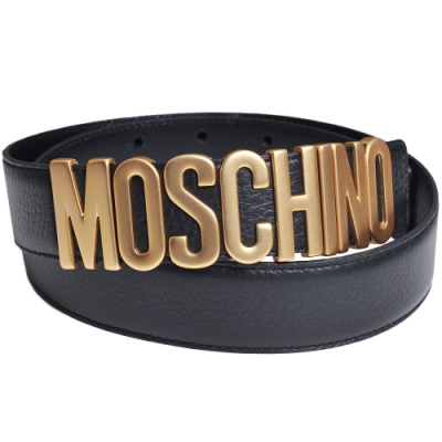 MOSCHINO 義大利製金色字母LOGO高質感荔枝壓紋防刮牛皮皮帶(黑)