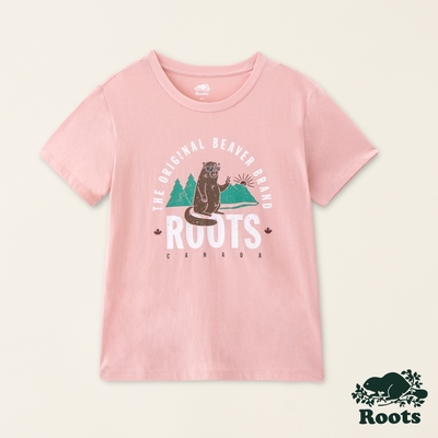 Roots女裝-動物派對系列 卡通海狸純棉短袖T恤-粉橘色