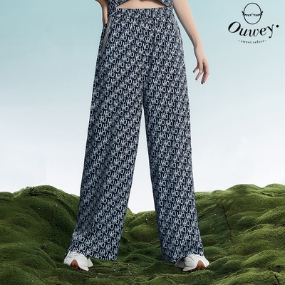 OUWEY歐薇 時髦運動風品牌印花十分寬褲(深藍色；S-L)3232166722