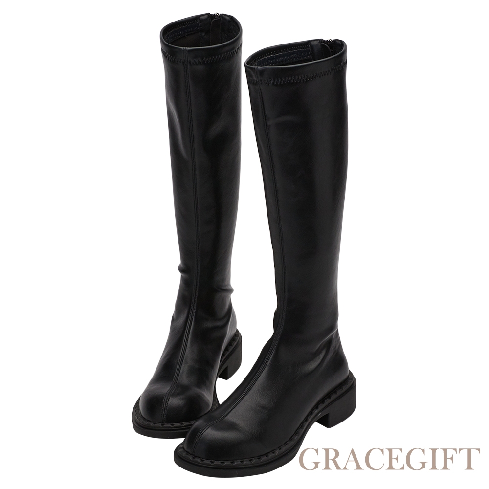 【Grace Gift】美腿濾鏡圓頭後拉鍊長靴 黑
