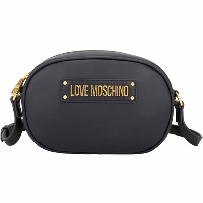 LOVE MOSCHINO 附可拆皮草圍巾皮革斜背相機包(黑色)