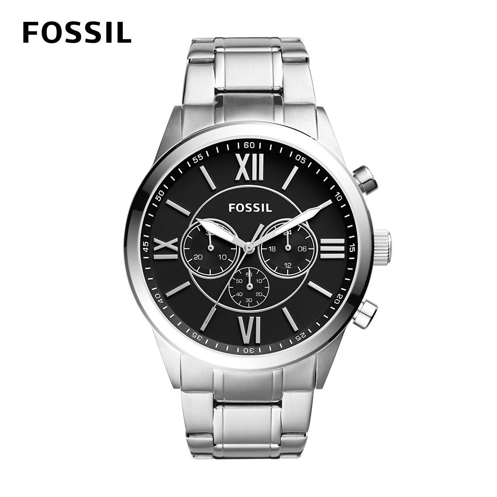 FOSSIL Flynn 經典雅仕羅馬數字三眼手錶 銀色不鏽鋼鍊帶  46 MM BQ1125IE