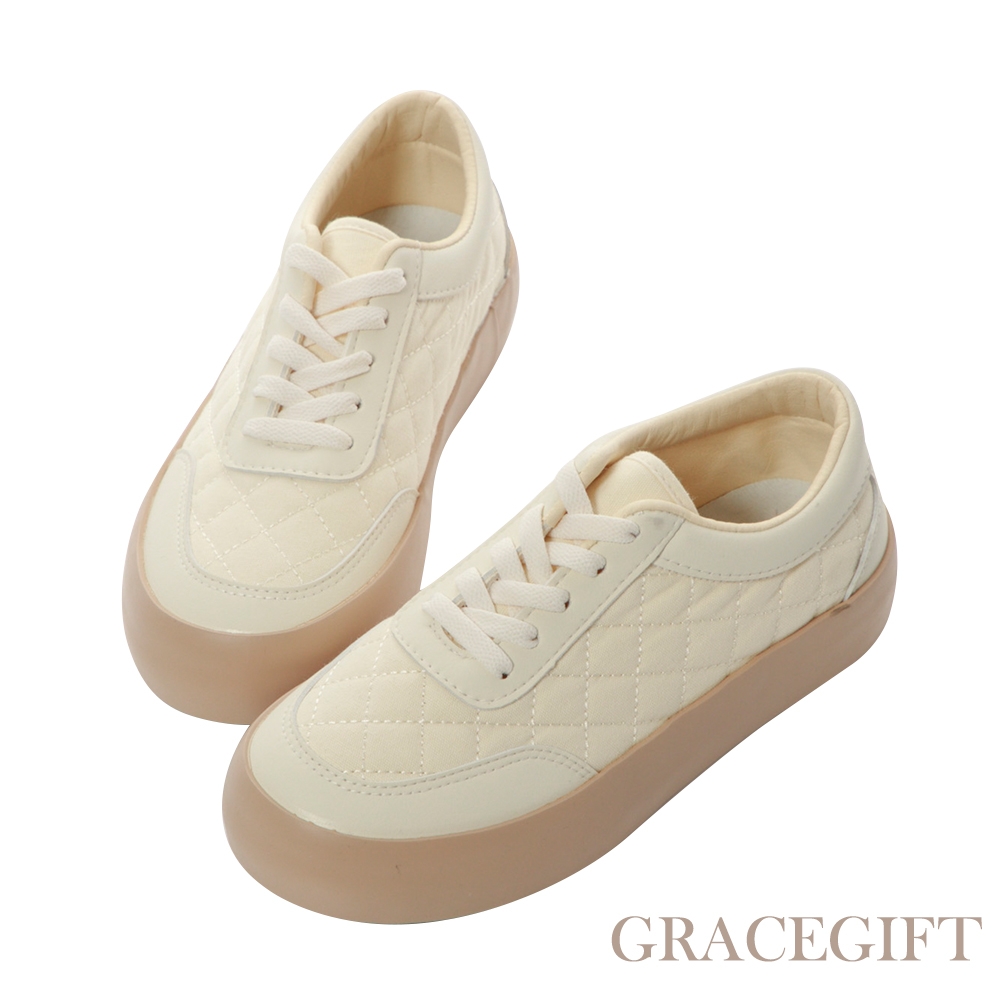 【Grace Gift】菱格紋車線休閒小白鞋 米白