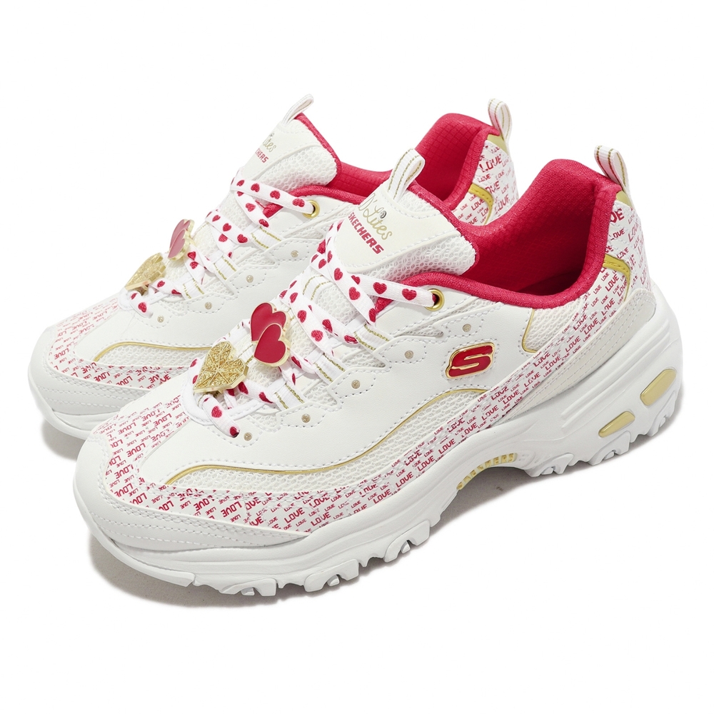 Skechers 休閒鞋 D Lites 女鞋 白 紅 金屬 愛心 皮革 包覆 輕量 老爹鞋 149790WRD