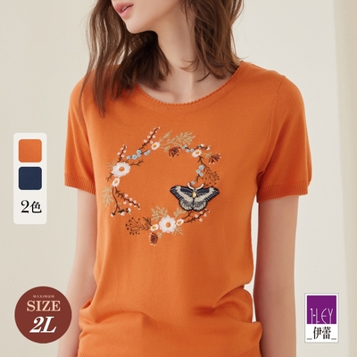 ILEY伊蕾 蝴蝶花圈刺繡造型棉質針織上衣(兩色；M-2L)1231455004