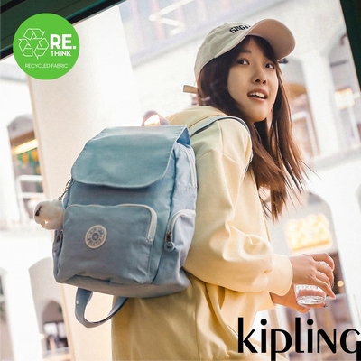 kipling 溫柔冰霜藍掀蓋拉鍊後背包-city zip s