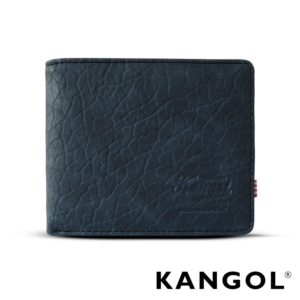 福利品 KANGOL 韓式潮流橫式短皮夾+鑰匙圈禮盒-皮紋靛