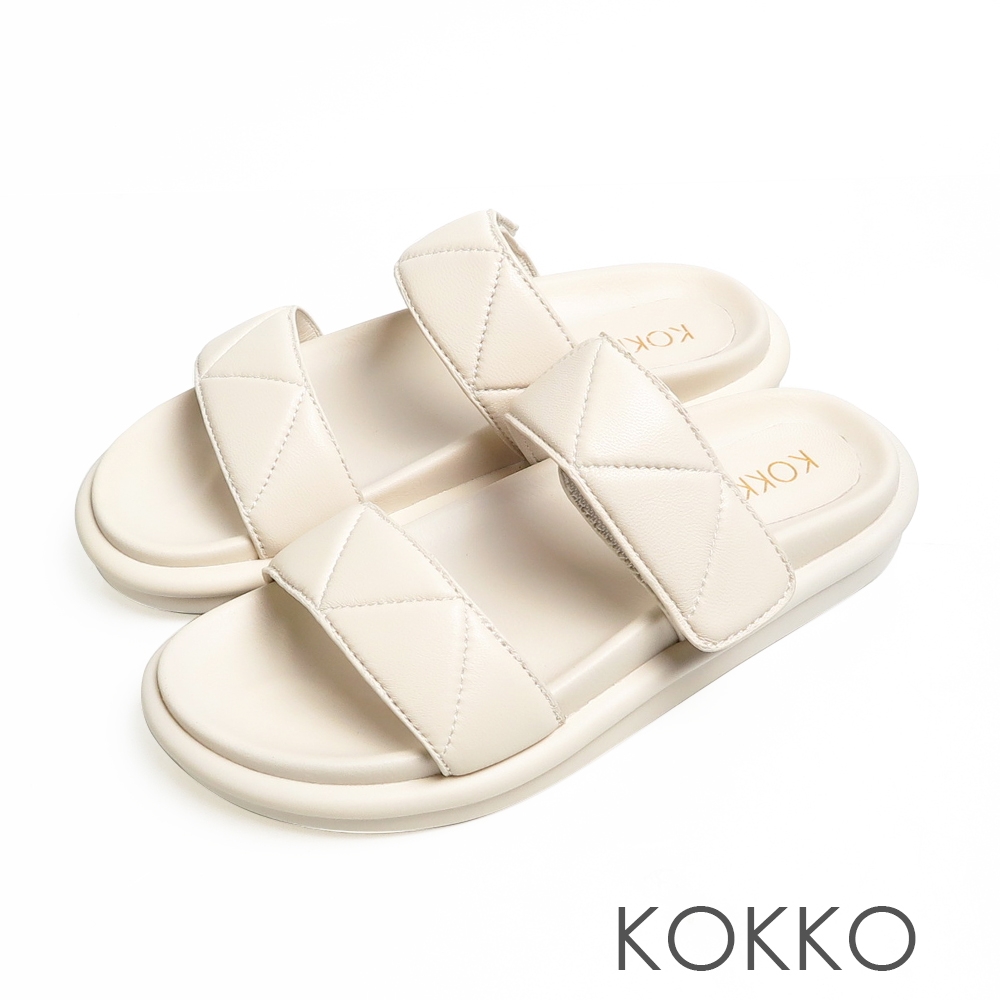 KOKKO簡約壓紋牛皮寬版厚底拖鞋白色
