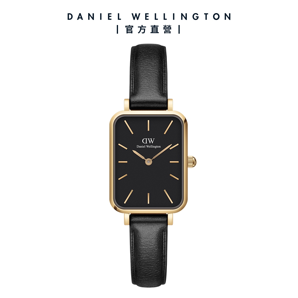 Daniel Wellington DW 手錶 Quadro Sheffield 20X26經典黑真皮皮革小方錶-黑錶盤-香檳金框 DW00100560